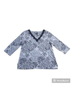 Covington Animal Print Lace V-Neck Shirt - 3/4 Sleeve Cotton Blend - Size Large